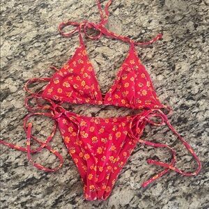 Frankies Bikinis Red Floral Bikini Set NWOT Size XL/M